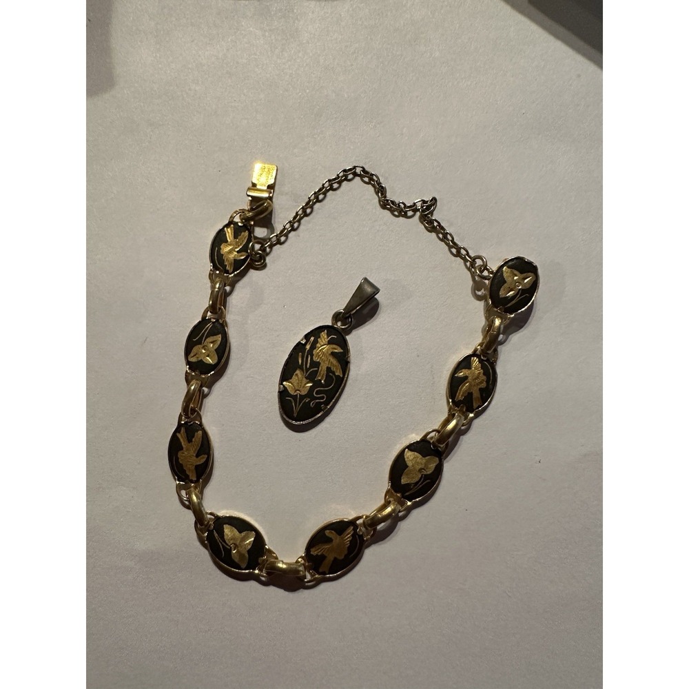 Damascene Pendant& Bracelet Set Toledo Spain VTG  Birds & Flowers Latch Closure